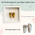 3D baby hand and foot cast replica in a white shadow box frame, customizable in gold or silver.