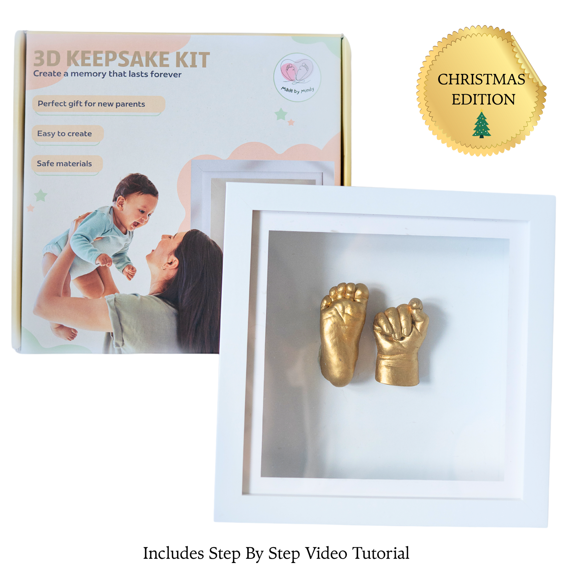 Made by Mindy 3D baby hand and foot casting kit Christmas edition – baby-safe keepsake frame gift set for new parents UK