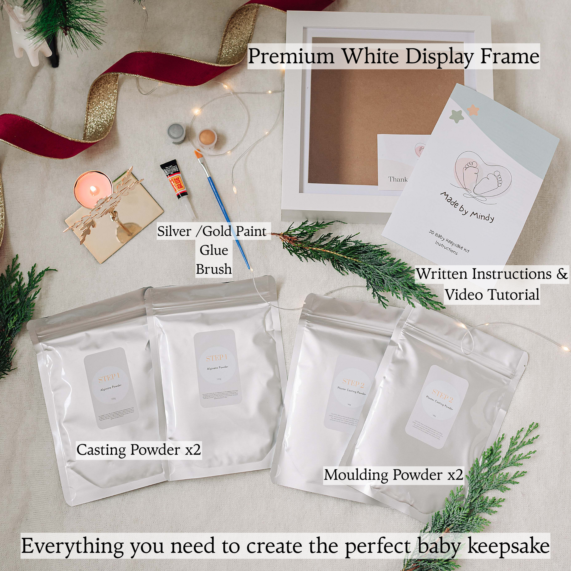Made by Mindy DIY baby casting kit with white frame, moulding and casting powder, glue, paint, brush, and instructions – everything included