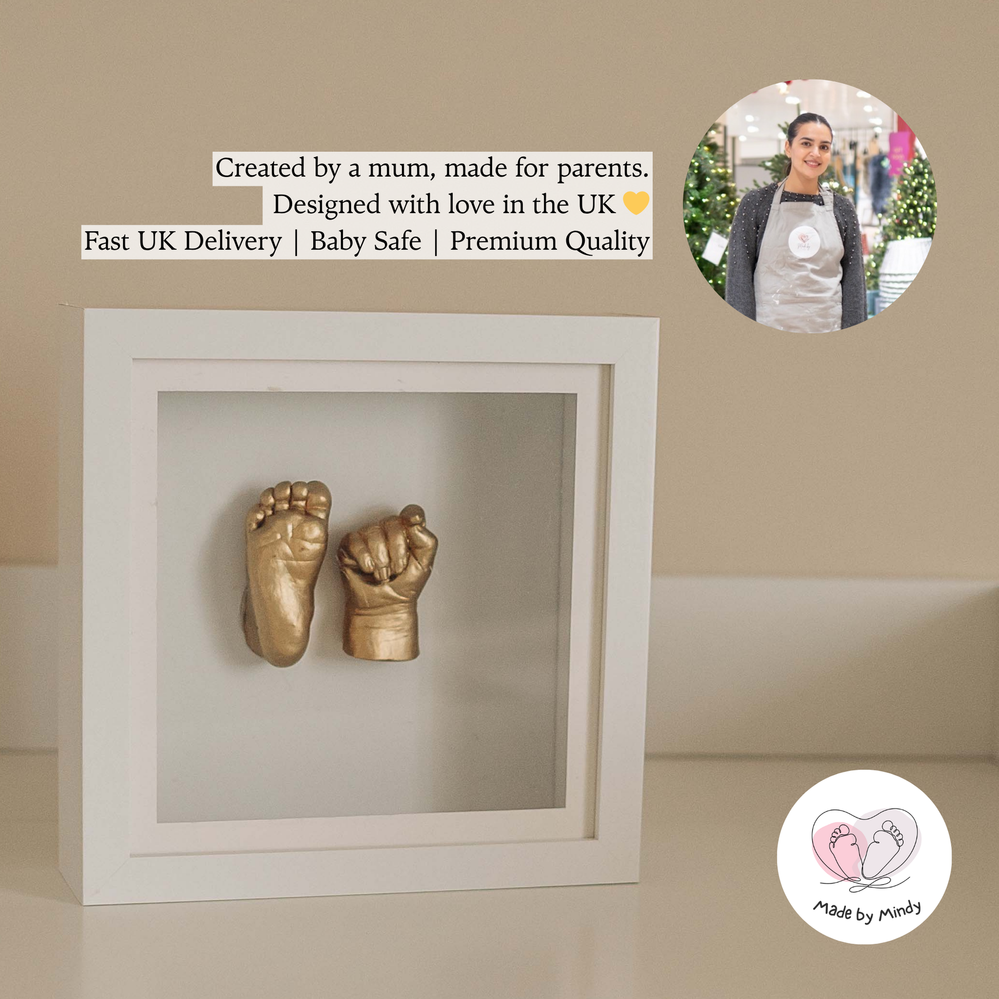 Made by Mindy founder with baby keepsake display frame – premium UK-designed baby casting kit created by a mum for parents